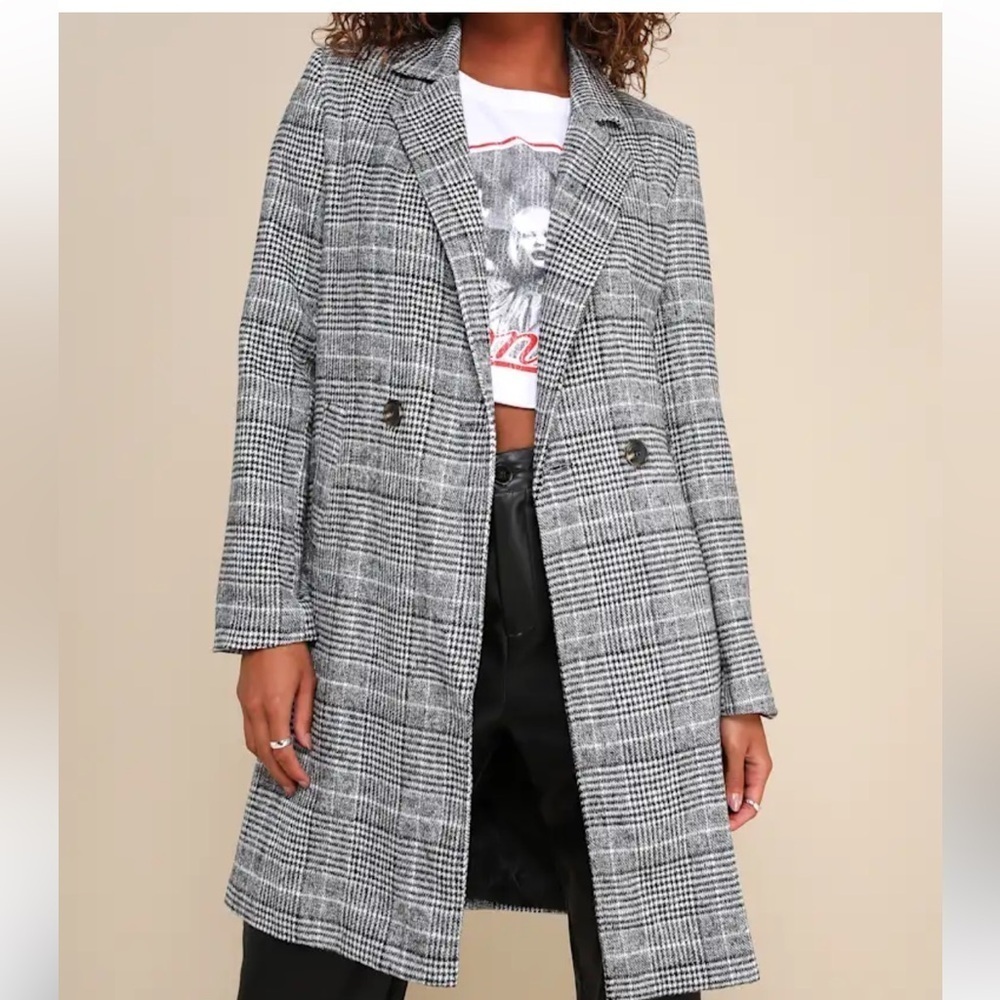 Lulus Chilly Out Black and White Glen Plaid Long Coat M
